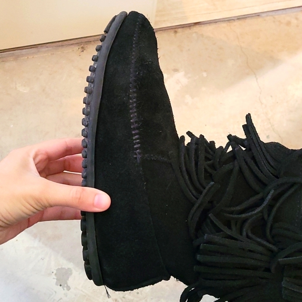 Minnetonka Black Suede 5 Layer Fringe Boot - image 8